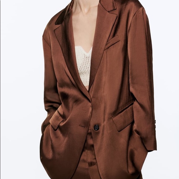 Zara Set - Brown Satin Effect Flowy Blazer with Pockets & High Waist Pants - Picture 10 of 16